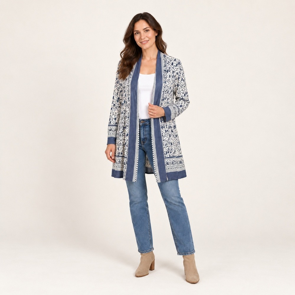 Dalia Cardigan Women 2X Blue White Floral Peplum Cottagecore Open Front Sweater
